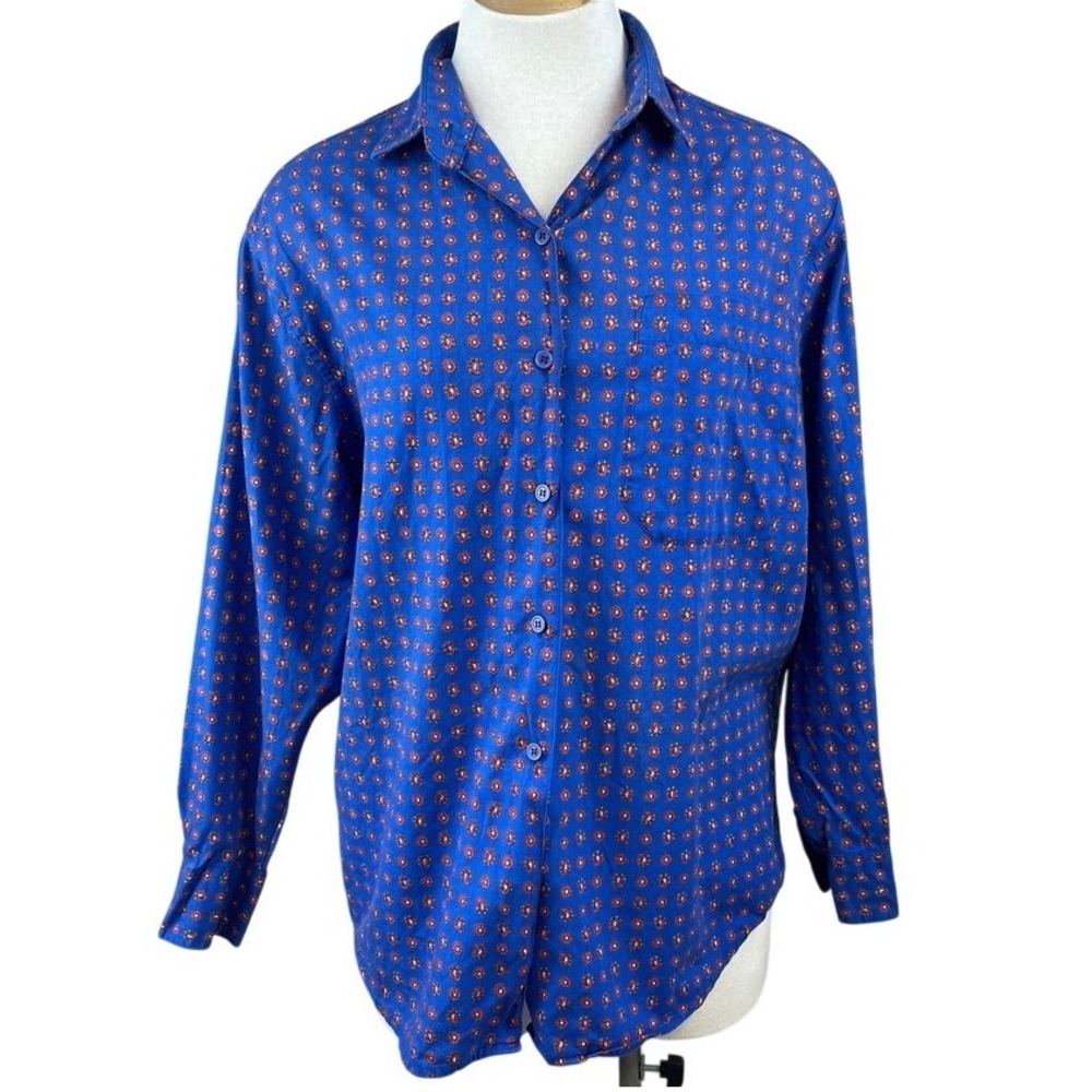 TOMBOY CLOTHING Womens (M) Blue Paisley Cotton Button Blouse Menswear Androgyny